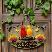 Dekoratif Welcome Kapı Süsü – Sarı Kırmızı Kuş ve Çiçek Temalı, Jüt İpli El Yapımı Kapı Dekoru thumbnail 3