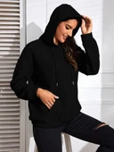 Kadın Uzun Kollu Kapşonlu Bağcıklı Cepli Capitone Sweatshirt - 2