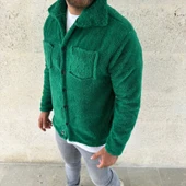 Erkek Pelüş Polar Hırka Gömlek – Yakalı, İlik Düğmeli, Göğüs Cepli, Yumuşak Dokulu Kışlık Regular Fit Rahat Günlük Model - Çimen Yeşili - 2