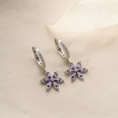 925 Ayar Gümüş Mor Taşlı Çiçek Küpe - 4