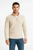 Erkek Yarım Fermuarlı Triko Kazak – Selanik Örgü, Dik Yaka, Pamuklu Dokuma, Regular Fit Uzun Kollu Kışlık Model - Bej - 3