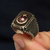 Gümüş Kırmızı Taşlı Ay Yıldız Erkek Yüzük - 2