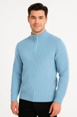 Erkek Yarım Fermuarlı Triko Kazak – Selanik Örgü, Dik Yaka, Pamuklu Dokuma, Regular Fit Uzun Kollu Kışlık Model - Bebe Mavisi - 3