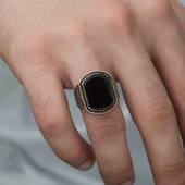 Gümüş Oniks Taşlı Desenli Erkek Yüzük - 2