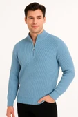 Erkek Yarım Fermuarlı Triko Kazak – Selanik Örgü, Dik Yaka, Pamuklu Dokuma, Regular Fit Uzun Kollu Kışlık Model - Bebe Mavisi - 2
