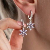 925 Ayar Gümüş Mor Taşlı Çiçek Küpe - 3