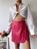 Cep detaylı oval kapaklı deri etek fuşya h240048 thumbnail 4