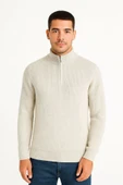 Erkek Yarım Fermuarlı Triko Kazak – Selanik Örgü, Dik Yaka, Pamuklu Dokuma, Regular Fit Uzun Kollu Kışlık Model - Bej - 2