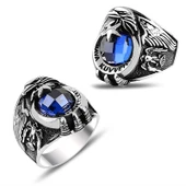 Gümüş Ayyıldız Hava Kuvvetleri Mavi Taşlı Erkek Yüzük - 3