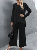 Kadın Uzun Kollu Asimetrik Detaylı Salaş Sandy Bluz Ve Pantolon Ikili Takım thumbnail 1