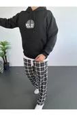 Erkek Oversize Üç İplik Kapüşonlu Sweatshirt – Siyah Sırt Ve Ön Baskılı, Kanguru Cepli, Rahat Kalıp, İçi Pamuklu ModeL-Siyah thumbnail 1
