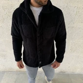 Erkek Pelüş Polar Hırka Gömlek – Yakalı, İlik Düğmeli, Göğüs Cepli, Yumuşak Dokulu Kışlık Regular Fit Rahat Günlük Model - Siyah - 4