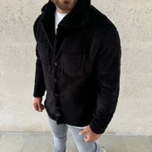 Erkek Pelüş Polar Hırka Gömlek – Yakalı, İlik Düğmeli, Göğüs Cepli, Yumuşak Dokulu Kışlık Regular Fit Rahat Günlük Model - Siyah - 2