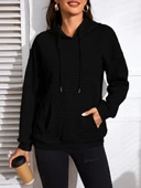 Kadın Uzun Kollu Kapşonlu Bağcıklı Cepli Capitone Sweatshirt - 1