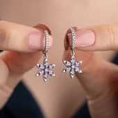 925 Ayar Gümüş Mor Taşlı Çiçek Küpe - 1