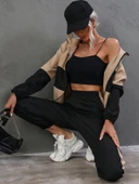 Kadın Uzun Kollu Kapşonlu önden Fermuarlı Viskon Iki Iplik Bluz Ve Pantolon Ikili Takım - 2