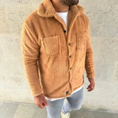 Erkek Pelüş Polar Hırka Gömlek – Yakalı, İlik Düğmeli, Göğüs Cepli, Yumuşak Dokulu Kışlık Regular Fit Rahat Günlük Model - Açık Kahve - 4