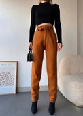 Kendinden kemerli triko pantolon camel thumbnail 1