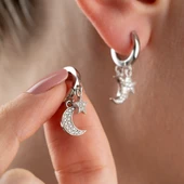 925 Ayar Gümüş Ay ve Yıldız Sallantı Küpe thumbnail 5
