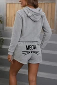 Kadın Uzun Kollu Kapşonlu Peluş Bluz Ve Kısa Short Ikili Takım - 1