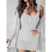 Lucky Life Kadın Askılı Yuvarlak Yakalı önü Düğmeli şardonlu Kaşkorse Mini Elbise Ve Kısa Ceket - 1