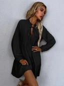 Lucky Life Kadın Uzun Kollu Yakadan Bağcıklı Fırfırlı Keten Mini Elbise thumbnail 3