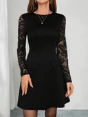 Lucky Life Kadın Uzun Kollu Bisiklet Yaka Kolları Tül Detaylı Mini Ithal Krep Elbise thumbnail 4