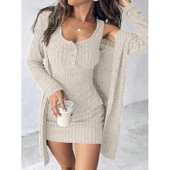 Lucky Life Kadın Askılı Yuvarlak Yakalı önü Düğmeli şardonlu Kaşkorse Mini Elbise Ve Kısa Ceket thumbnail 2