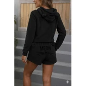 Lucky Life Kadın Uzun Kollu Kapşonlu Peluş Bluz Ve Kısa Short Ikili Takım - 2