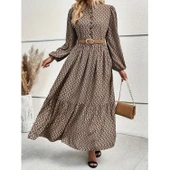 Lucky Life Kadın Uzun Kollu Hakim Yakalı Düğmeli Kemersiz Desenli Maxi Süprem Elbise thumbnail 2