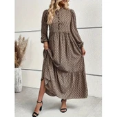 Lucky Life Kadın Uzun Kollu Hakim Yakalı Düğmeli Kemersiz Desenli Maxi Süprem Elbise thumbnail 5