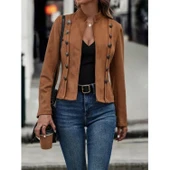 Lucky Life Kadın Uzun Kollu Hakim Yaka Yanlardan Düğmeli Kısa Süet Ceket thumbnail 2