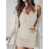 Lucky Life Kadın Askılı Yuvarlak Yakalı önü Düğmeli şardonlu Kaşkorse Mini Elbise Ve Kısa Ceket thumbnail 1