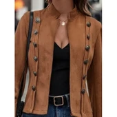 Lucky Life Kadın Uzun Kollu Hakim Yaka Yanlardan Düğmeli Kısa Süet Ceket thumbnail 1