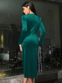 Lucky Life Kadın Uzun Kollu Kruvaze Yakalı Yandan Büzgülü Midi Kadife Elbise thumbnail 4