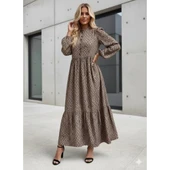 Lucky Life Kadın Uzun Kollu Hakim Yakalı Düğmeli Kemersiz Desenli Maxi Süprem Elbise thumbnail 8