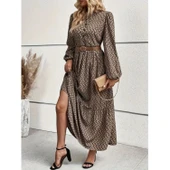 Lucky Life Kadın Uzun Kollu Hakim Yakalı Düğmeli Kemersiz Desenli Maxi Süprem Elbise thumbnail 3