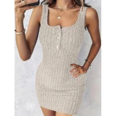 Lucky Life Kadın Askılı Yuvarlak Yakalı önü Düğmeli şardonlu Kaşkorse Mini Elbise Ve Kısa Ceket thumbnail 4