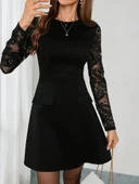 Lucky Life Kadın Uzun Kollu Bisiklet Yaka Kolları Tül Detaylı Mini Ithal Krep Elbise thumbnail 3