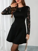 Lucky Life Kadın Uzun Kollu Bisiklet Yaka Kolları Tül Detaylı Mini Ithal Krep Elbise thumbnail 2