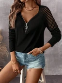 Lucky Life Kadın Uzun Kollu Yakadan Fermuarlı Viskon Bluz thumbnail 4