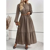 Lucky Life Kadın Uzun Kollu Hakim Yakalı Düğmeli Kemersiz Desenli Maxi Süprem Elbise thumbnail 1