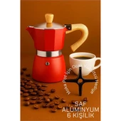 Modacar Italyan Moka Pot - 6061 Saf Alüminyum Ahşap Saplı - 6 kişilik KIRMIZI - 1