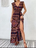 MDB Kadın Kısa Kollu V Yakalı Deseni Yırtmaçlı Süprem Elbise thumbnail 7