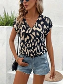 MDB Kadın Kısa Kollu V Yakalı Desenli Süprem Bluz thumbnail 4