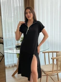 MDB Kadın Kısa Kollu Yakadan Ve Etekten Fermuarlı Midi Viskon Iki Iplik Elbise thumbnail 1
