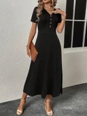 MDB Kadın Kısa Kollu V Yakalı önden Düğmeli Yırtmaçlı Midi Viskon Elbise thumbnail 2