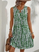 MDB Kadın Sıfır Kol Yakadan Halka Detaylı Desenli Kısa Bürümcük Elbise thumbnail 3