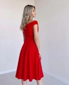 MDB Kadın Kısa Kollu Kruvaze Yaka Eteği Volanlı Krep Elbise thumbnail 3