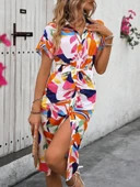 MDB Kadın Kısa Kollu Yakalı önü Düğmeli önden Drapeli Desenli Süprem Elbise thumbnail 6